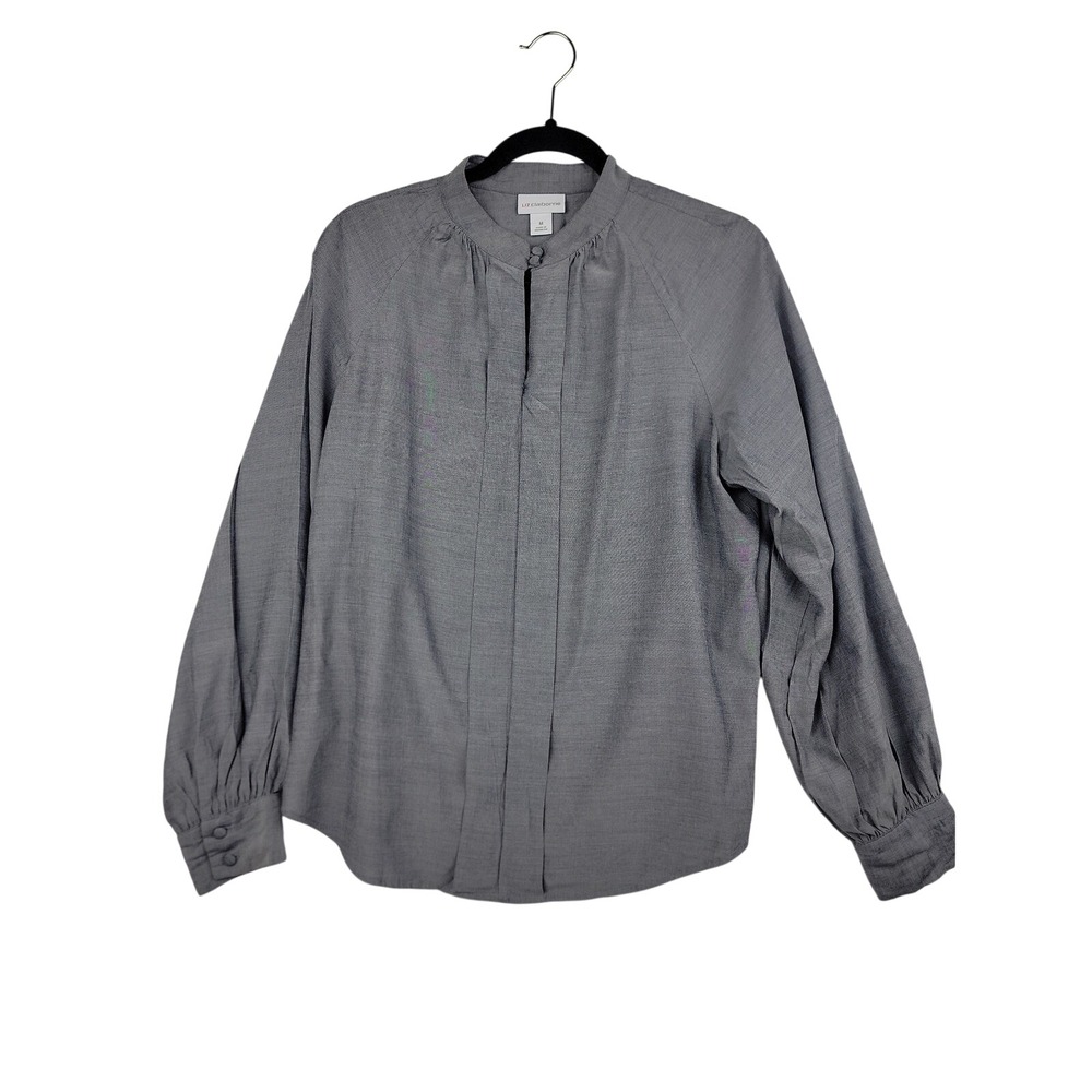 Liz Claiborne Gray Long Sleeve Mandarin Collar Pleated Blouse Mens Size M